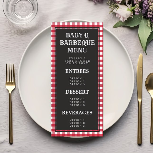 Baby Q Red Gingham Kariert Baby Dusche Menükarte (Von Creator hochgeladen)