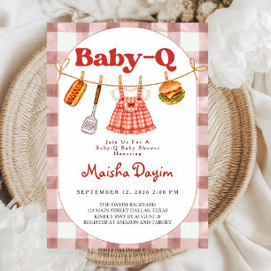 Baby-Q Rot kariert Wäscheleine Mädchen Baby Shower Einladung