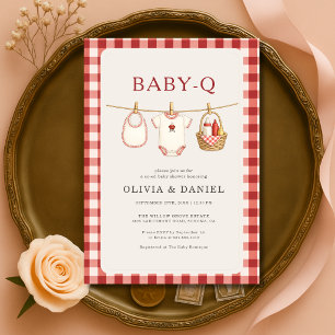 Baby Q Wäscheleine Rot kariert Baby-Party Einladung