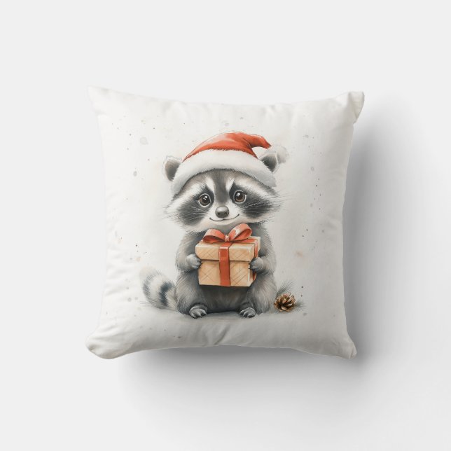 Baby Raccoon Sant Hat Christmas Winter Kissen (Vorderseite)