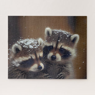 Baby-Raccoons stürzen sich im sinkenden Schnee