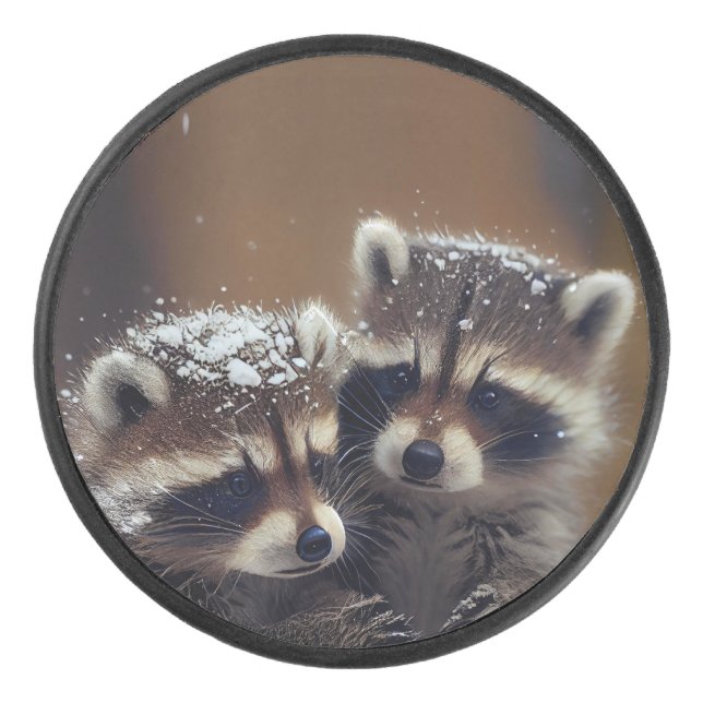 Baby-Raccoons stürzen sich im sinkenden Schnee Eishockey Puck (Vorderseite)