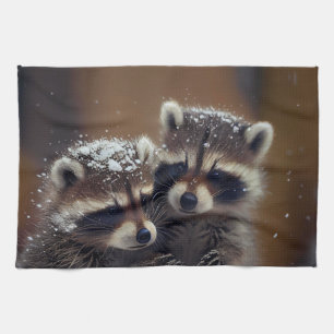 Baby-Raccoons stürzen sich im sinkenden Schnee Geschirrtuch