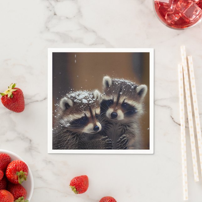 Baby-Raccoons stürzen sich im sinkenden Schnee Serviette (Beispiel)