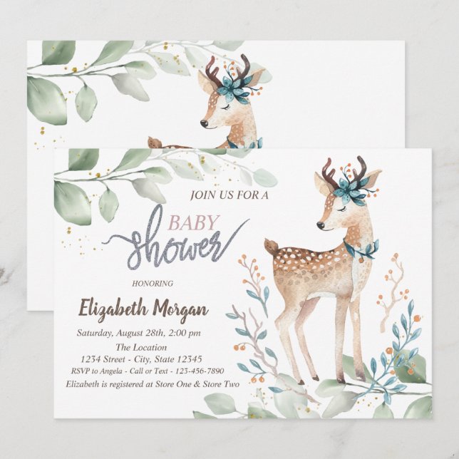 Baby Reindeer Blätter Baby Shower Einladung (Vorne/Hinten)