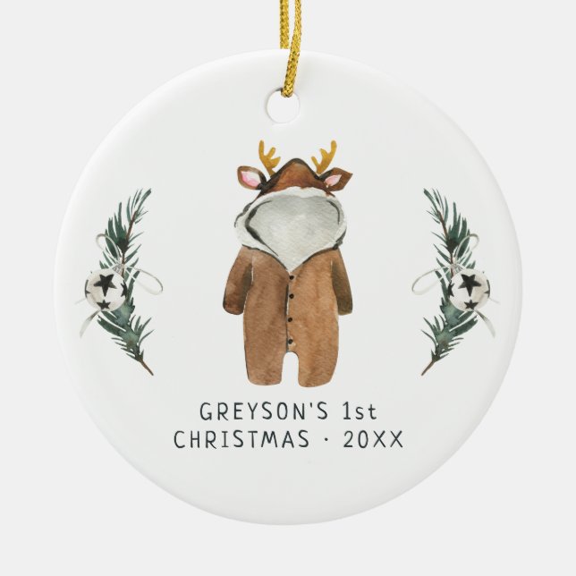 Baby Reindeer | Erste Weihnachtsdekoration des Kin Keramik Ornament (Vorne)