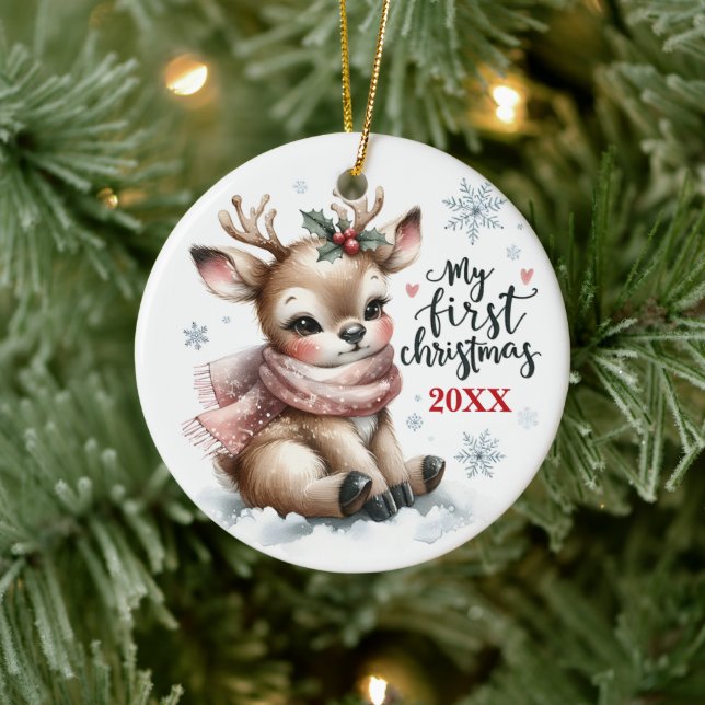 Baby Reindeer First Christmas Keepsake Photo Keramik Ornament (Baum)