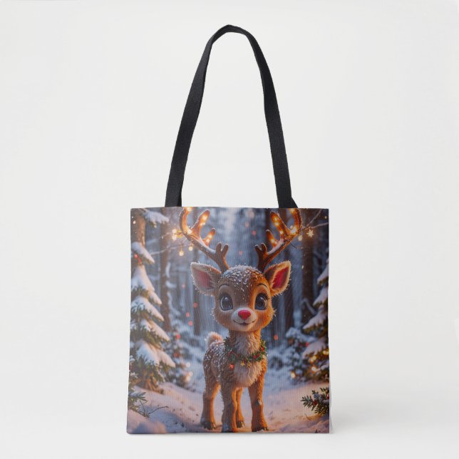 Baby Rentier im Schneewald Tasche (Vorderseite)