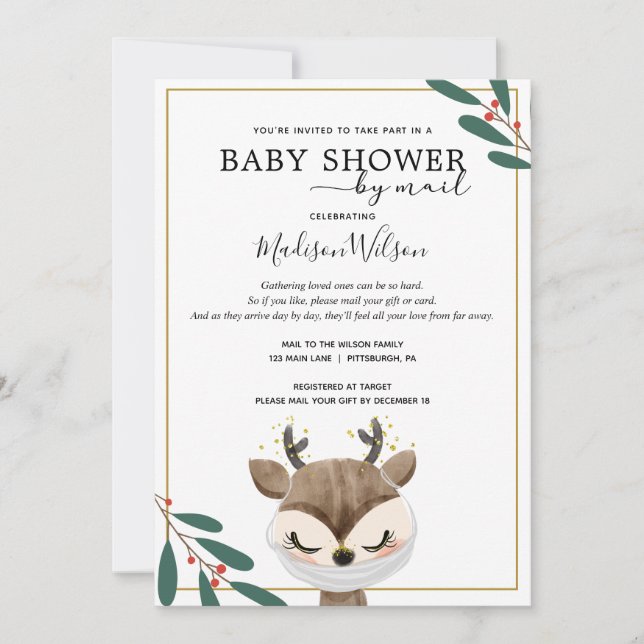 Baby Rentier mit Maske Baby Dusche by Mail Einladung (Vorderseite)