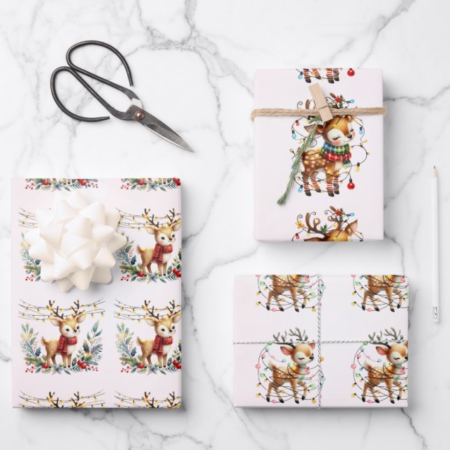 Baby Rentier Tangled Lights Weihnachtskids Geschenkpapier Set (Vorderseite)