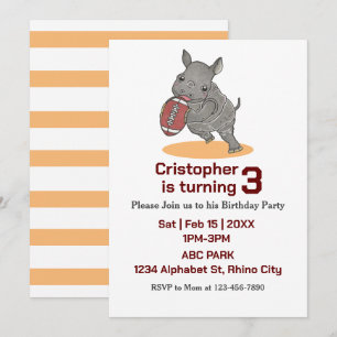 Baby Rhino Football américain Invitation d'anniver