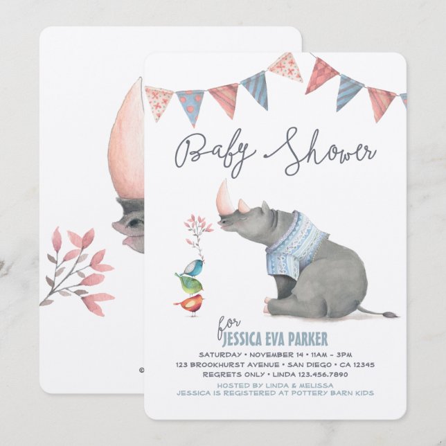 Baby Rhinoceros & Birdies Painted Boy Baby Shower Einladung (Vorne/Hinten)