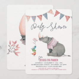 Baby Rhinoceros & Birdies Painted Girl Baby Dusche Einladung