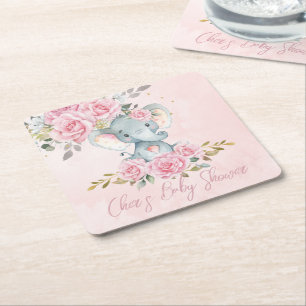 Baby Rosa Florale Elefante Carino Baby Shower Rechteckiger Pappuntersetzer