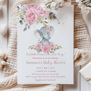 Baby Rosa Florale Elefante Carino Ragazza Baby Sho Einladung