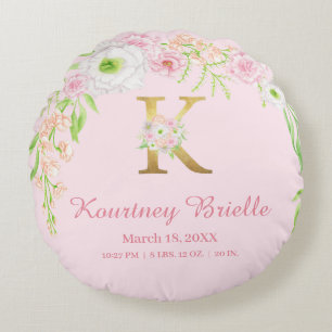Baby Rosa Florales Monogramm Baby-Statistiken Rundes Kissen