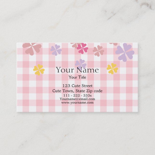 Baby-Rosa-Gingham und Pastellblumen Visitenkarte (Vorderseite)