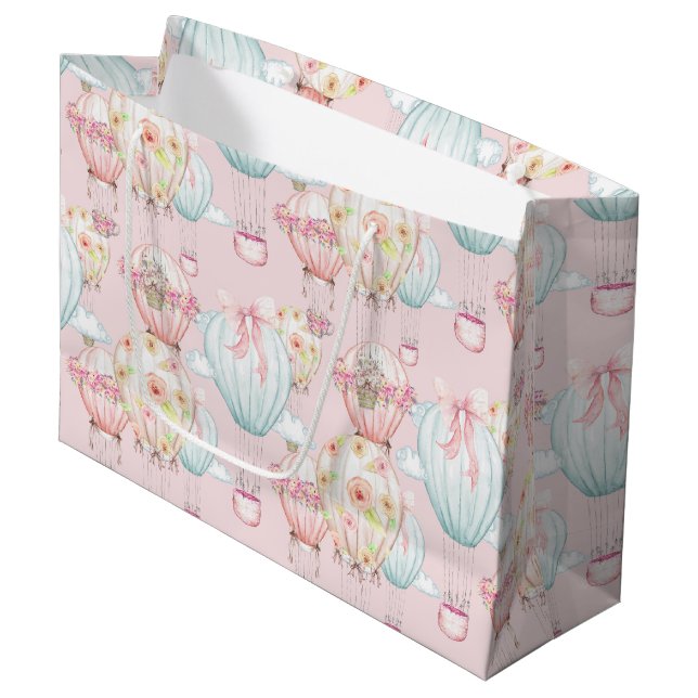 Baby-Rosa-Heißluft-Ballone Große Geschenktüte (Vorderseite Schrägansicht)