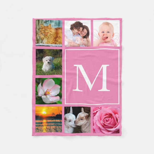 Baby-Rosa Instagram 8 Foto-Collagen-Monogramm Fleecedecke (Vorderseite)