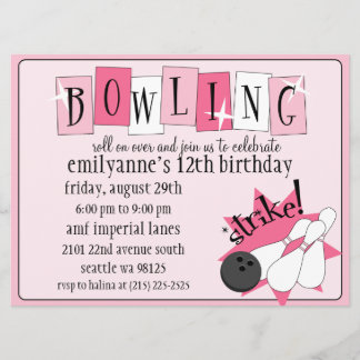 Baby-Rosa-total Retro Bowlings-Geburtstags-Party Einladung