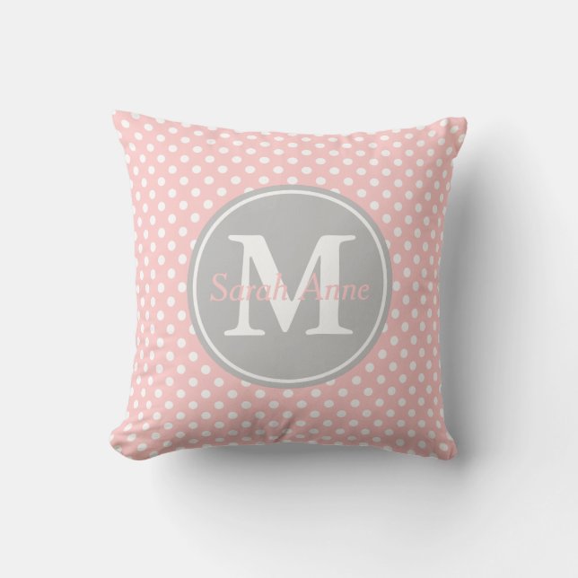 Baby-Rosa-und Aschen-Grau-Tupfen-Monogramm Kissen (Vorderseite)