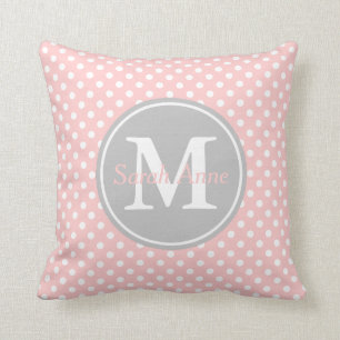 Baby-Rosa-und Aschen-Grau-Tupfen-Monogramm Kissen