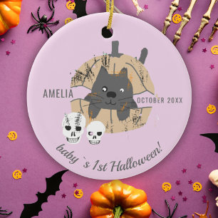 Baby`s 1. Halloween Pink Cat Pumpkin Skull Keramik Ornament