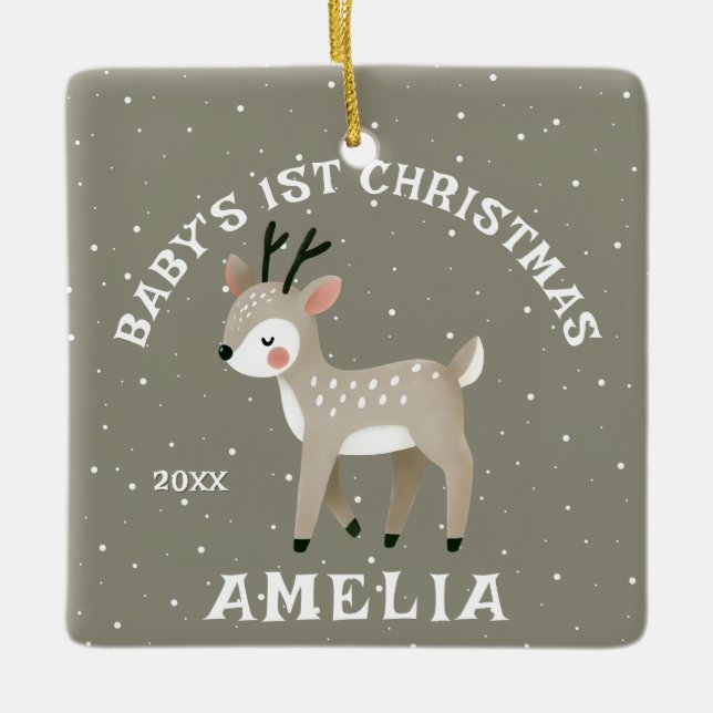 Baby’s 1st Christmas Reindeer Keepsake Photo Keramikornament (Vorderseite)