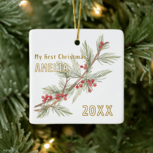 Baby`s erstes Weihnachten Holly Winterlaub Keramikornament