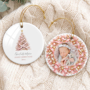 Baby’s erstes Weihnachten rosa Gold Kranz Foto Keramik Ornament