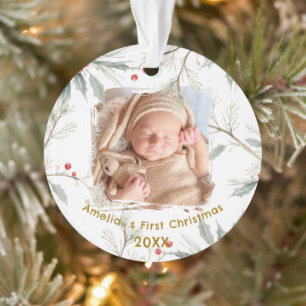 Baby`s erstes Weihnachten Stechpalme Winterlaub Fo Ornament