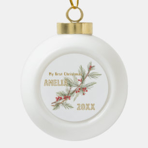 Baby`s erstes Weihnachten Stechpalme Winterlaub Keramik Kugel-Ornament