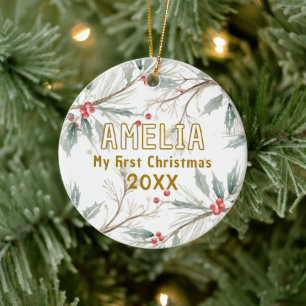 Baby`s erstes Weihnachten Stechpalmen-Winterlaub-F Keramik Ornament