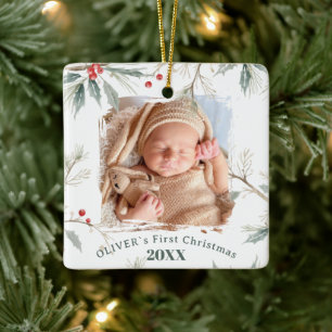 Baby`s erstes Weihnachten Stechpalmen-Winterlaub-F Keramikornament