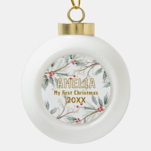 Baby`s erstes Weihnachten Stechpalmen-Winterlaub Keramik Kugel-Ornament