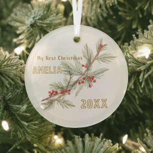 Baby`s erstes Weihnachten Stechpalmen-Winterlaub Ornament Aus Glas