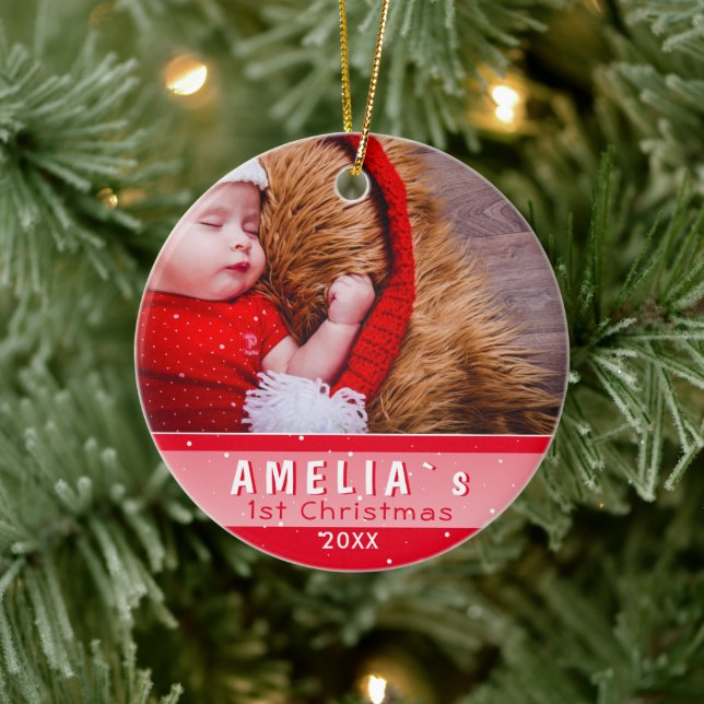 Baby`s erstes Weihnachtsrot-Foto Keramik Ornament (Baum)