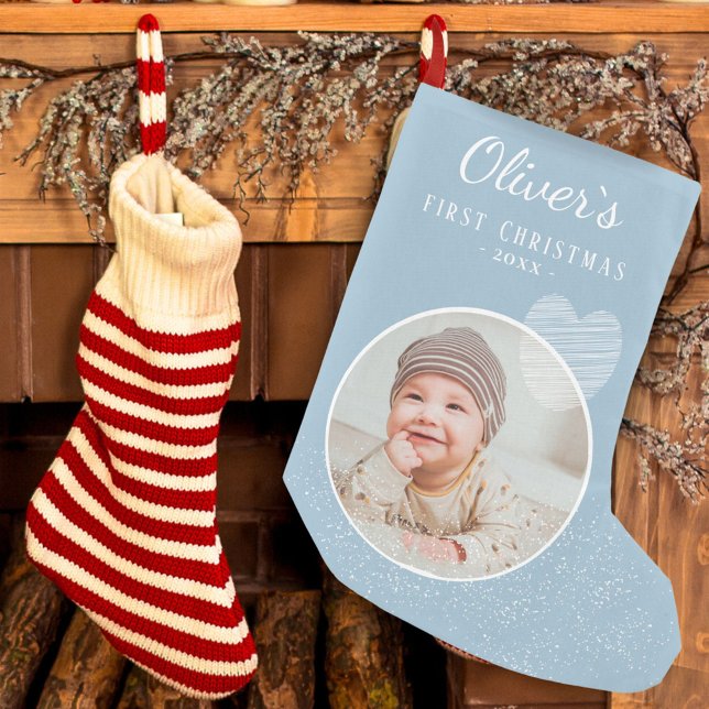 Baby`s First Christmas Blue Heart Foto Kleiner Weihnachtsstrumpf (Von Creator hochgeladen)
