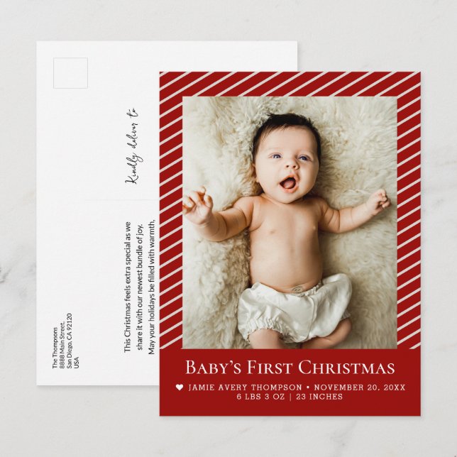 Baby’s First Christmas Custom Photo Birth Stat Postkarte (Vorne/Hinten)