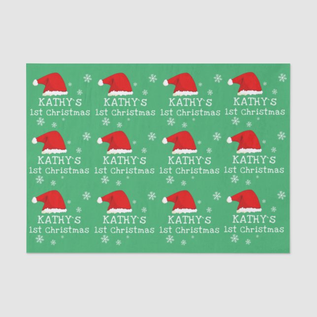Baby`s First Christmas Green Weihnachtsmannmütze S Seidenpapier (Vorderseite)