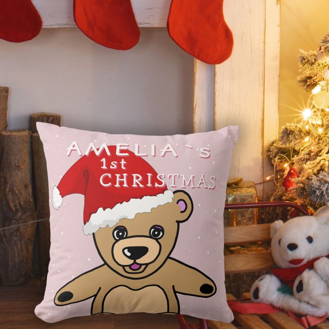 Baby`s First Christmas Pink Teddy Bear Weihnachtsm Kissen (Von Creator hochgeladen)