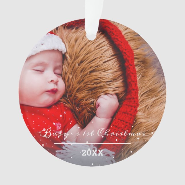 Baby`s First Christmas Script Weihnachts-Foto Ornament (Vorderseite)