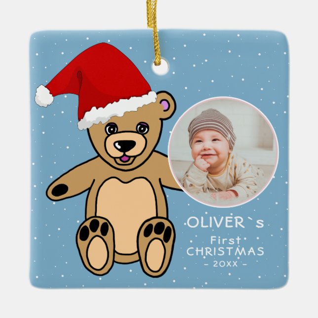 Baby`s First Christmas Teddy Bear Weihnachtsmannmü Keramikornament (Vorderseite)