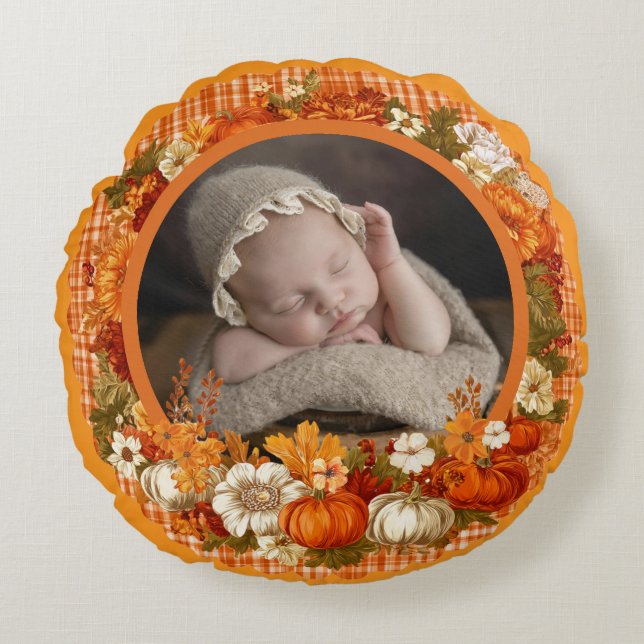 Baby’s First Thanksgiving Fall Floral Photo Rundes Kissen (Vorderseite)