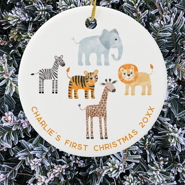Baby Safari Animal Personalisiert First Christmas Keramik Ornament (Safari baby animal themed baby's first Christmas personalized custom text ornament)