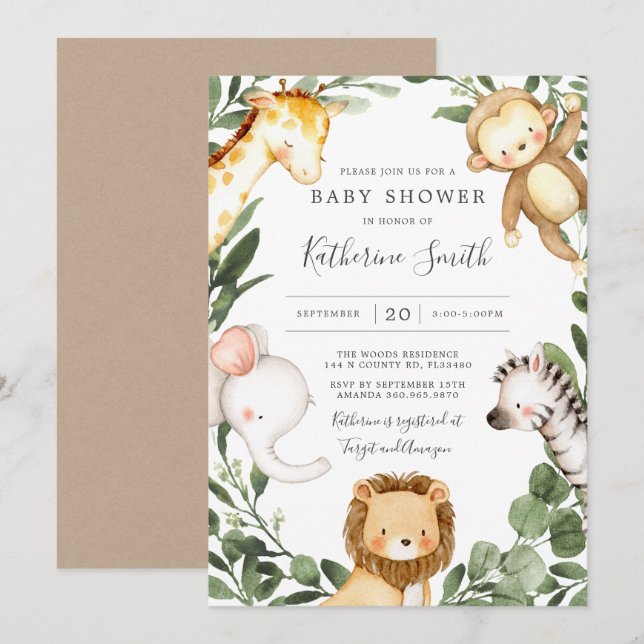 Baby Safari Animals Kinderdusche Einladung (Vorne/Hinten)