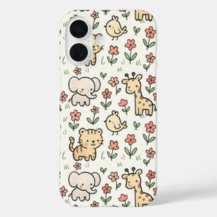 Baby Safari-Tier mit Doodle-Blume iPhone 16 Hülle