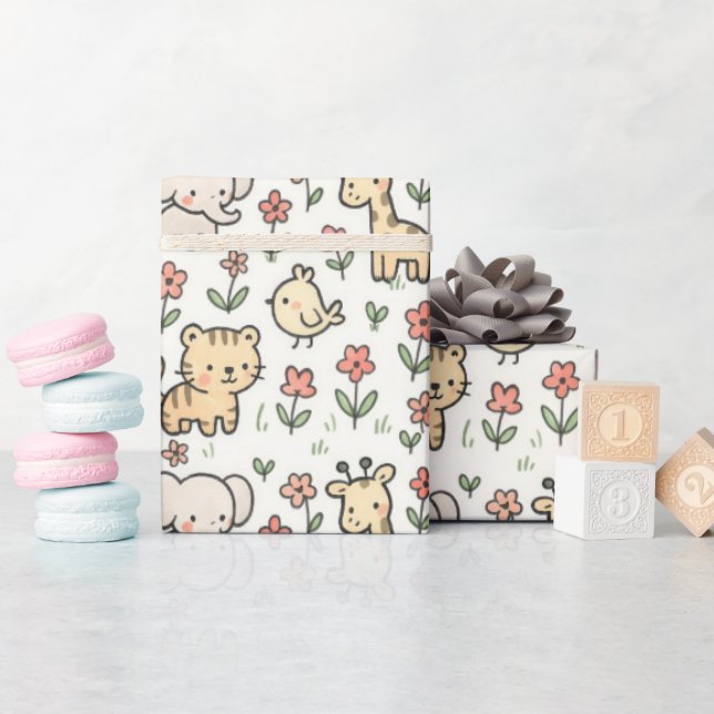 Baby Safari Wildlife mit Doodle-Blume Geschenkpapier (Babyparty)