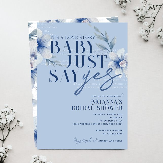 Baby sagt nur Yes Blue Floral Brautparty Einladung (Baby Just Say Yes Dusty Slate Blue Watercolor Floral Bridal Shower Invitations)