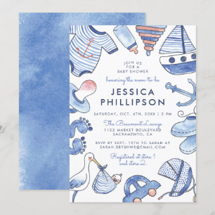 Baby-Sailer  Blue Nautical Watercolor Babydusche Einladung